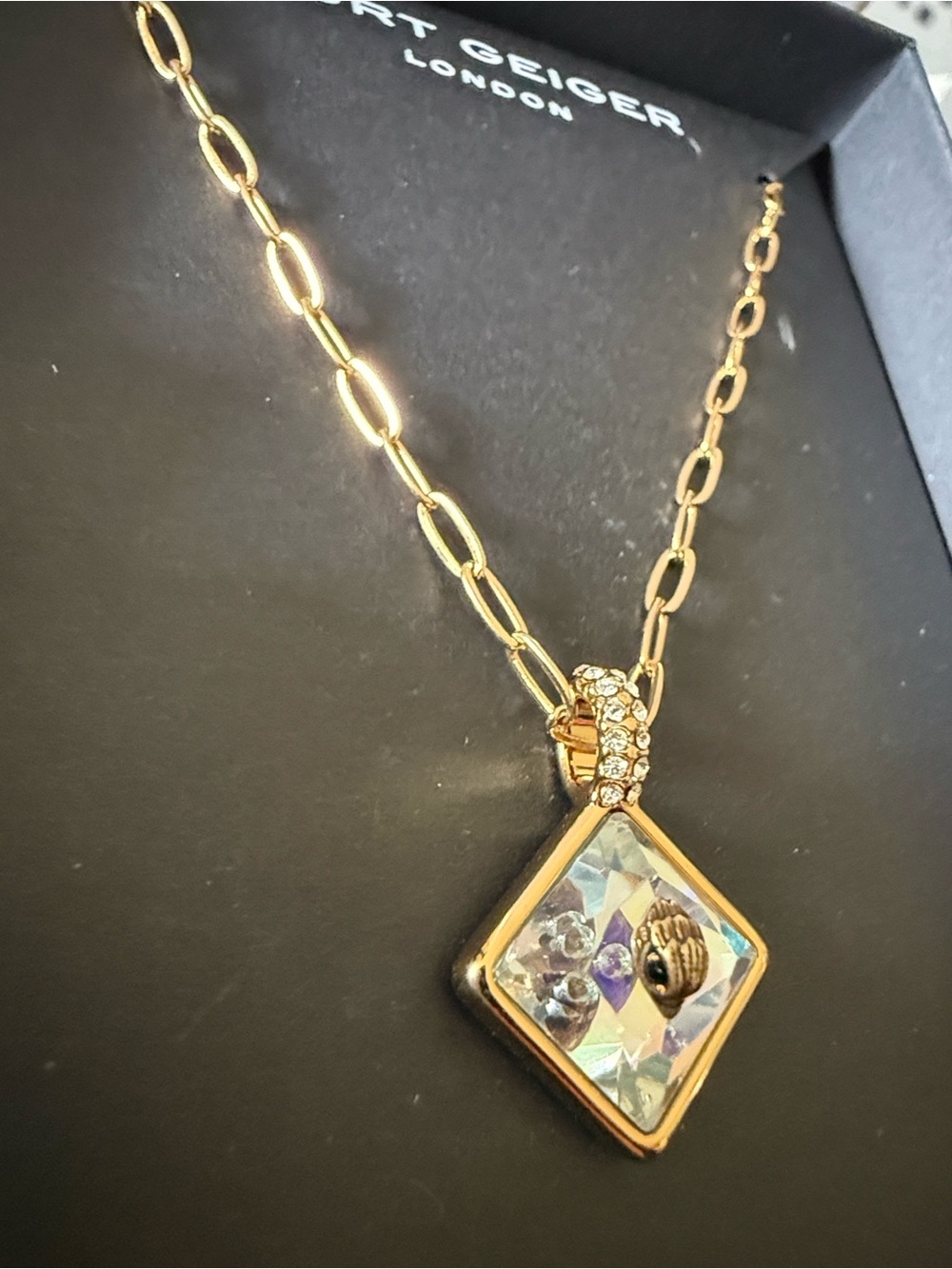 Kurt Geiger Gold-Tone Necklace with Iridescent Square Crystal NIB - Picture 1 of 6